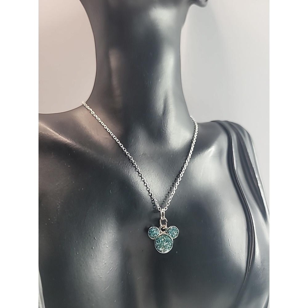 Disney Hidden Mickey Pendant Necklace Teal Glitter Fashion Jewelry